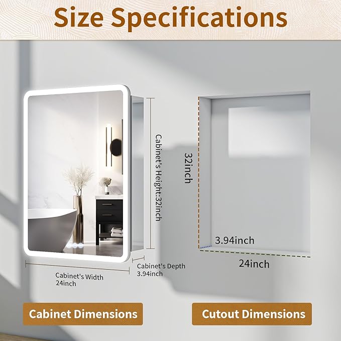 BEAUTYPEAK 24 x 32 LED Bathroom Medicine Cabinet Mirror, Adjustable Shelves