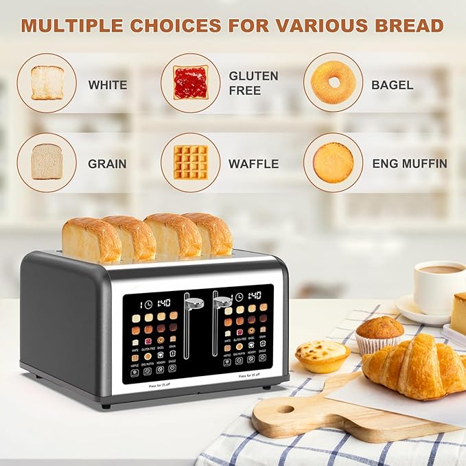 4 Slice Toaster Touch Screen, Stainless Steel Toasters Digital Timer, Dual