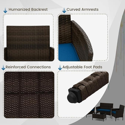 HAPPYGRILL 8 Pieces Outdoor Rattan Conversation Set, Patio Wicker Furniture Set with Loveseat Chairs & Tempered Glass Coffee Table, Outside Sectional Sofa Set for Backyard Garden Poolside, Blue