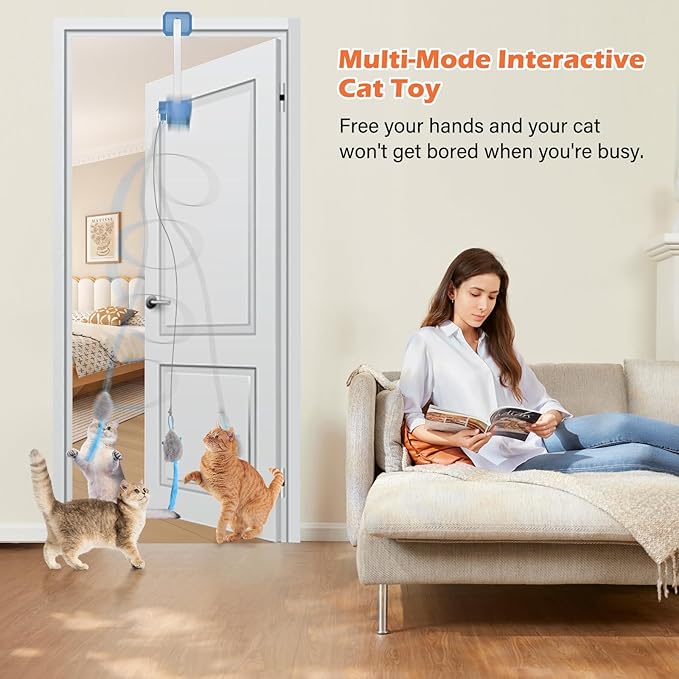 Rechargeable Electric Cat Teaser with Remote – Interactive Door Clip Toy for Cats, 2 Motion Modes (360° Spin & Irregular Jumping), Smart Auto Cat Toy for Exercise & Fun (Blue)