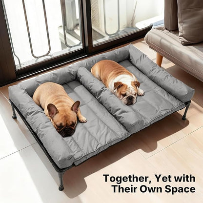 Veehoo Elevated Dog Bed for 2 Dogs, Cooling Raised Dog Bed with Bolster Mat | Outdoor Double Dog Bed with Removable Waterproof Cushion, Breathable Mesh, Non-Slip Feet for Outdoor & Indoor, 49", Grey