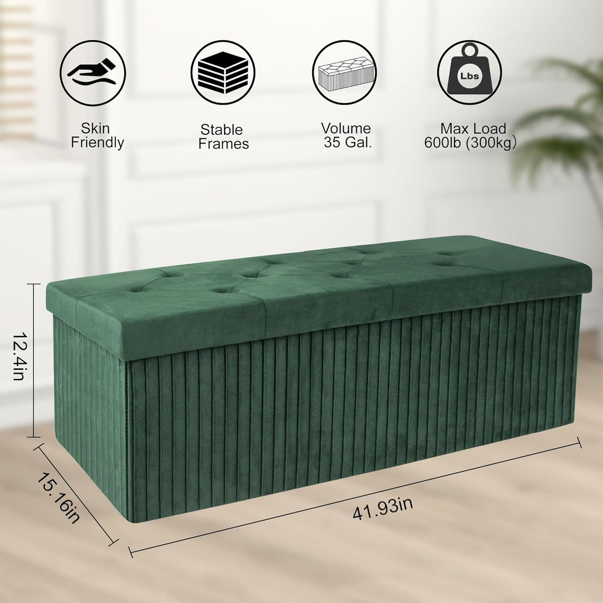 Storage Ottoman Bench, 43 Inch Foldable Ottoman with Legs, Velvet Foot Rest Stool, End of Bed Bench, Storage Chest for Living Room, Bedroom (Green)