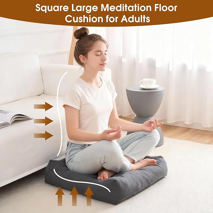 Tikuns 2Pcs Floor Pillows for Adults, 22 * 22 Inch Meditation Cushions, Large Square Sitting Cushion Living Room Memory Foam Pillow for Sitting (2, Grey, 22x22x4 Inch)