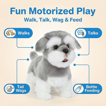 CU-MATE Plush Interactive Simulation Dog-Realistic Puppy Electronic Toy Dog Cat with Walking/Barking/Wagging Tail/Talking-Like Real Robotic Present (Electric Schnauzer)