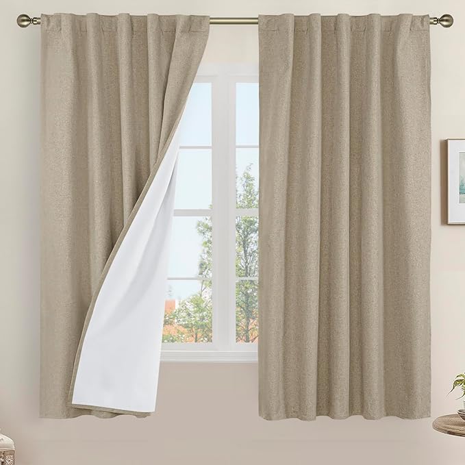 LAMIT 100% Blackout Linen Curtains, 63 Inches Linen Textured Thermal Bedroom