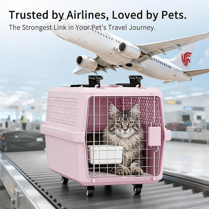 RIZZARI Pink Pet Carrier with Wheels for Cats and Small Dogs Up to 25 Lbs, Top Opening Hard-Sided Cat Carrier, Rolling Travel Kennel with Pull Strap, Feeding Bowl, Metal Door and Ventilated Design