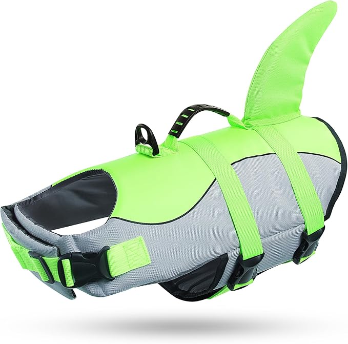 Dog Life Jacket Ripstop Shark Dog Safety Vest Adjustable Preserver with High Buoyancy and Durable Rescue Handle for Small,Medium,Large Dogs, Green Shark Small