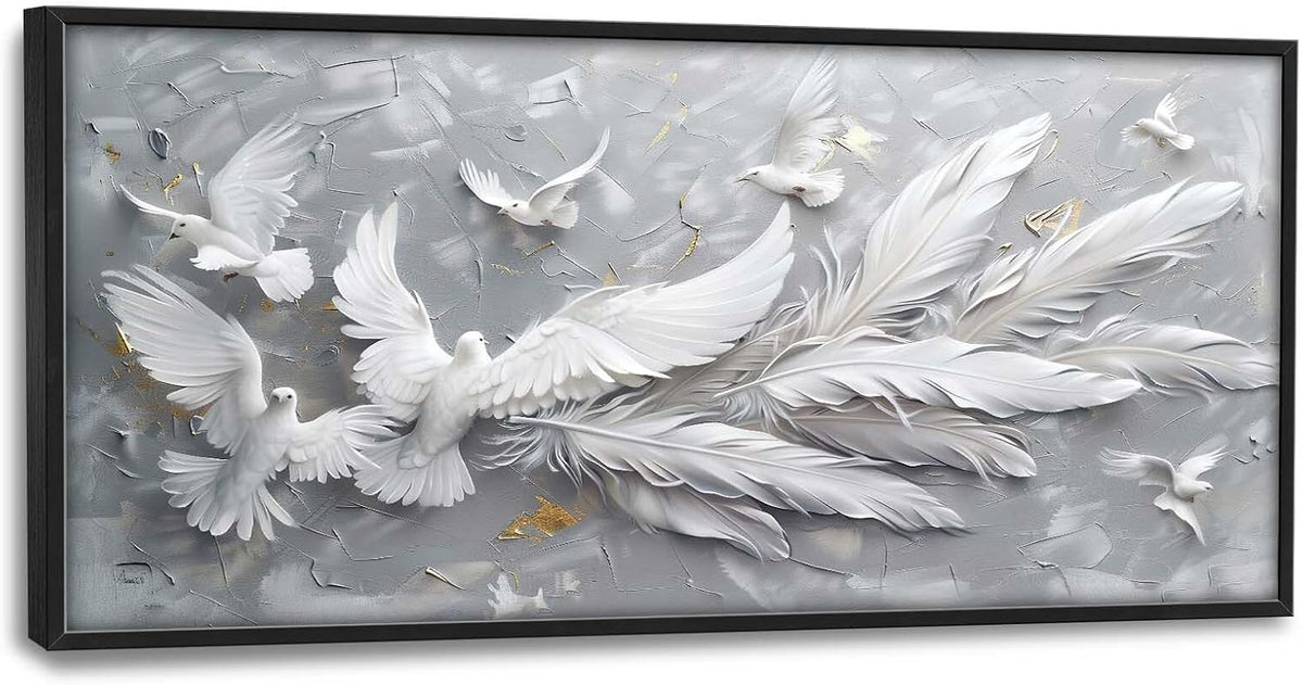 Quorin Feather Dove Bird Large Wall Art White Gray Holy Wings Pictures Peaceful Birds Flying Wall Decor Canvas Print Painting Artwork for Bathroom Living Room Bedroom 60L x 30W