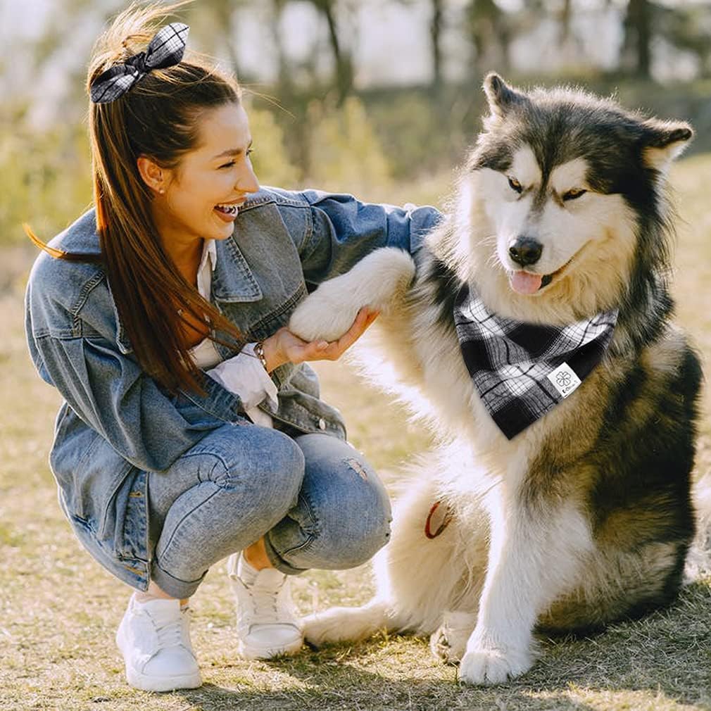 E-Clover Dog Bandanas & Matching Scrunchie Set Boy Plaid Dog Scarf Triangle Bandana Bibs for Medium Large Dog Owner Birthday Gifts Black White