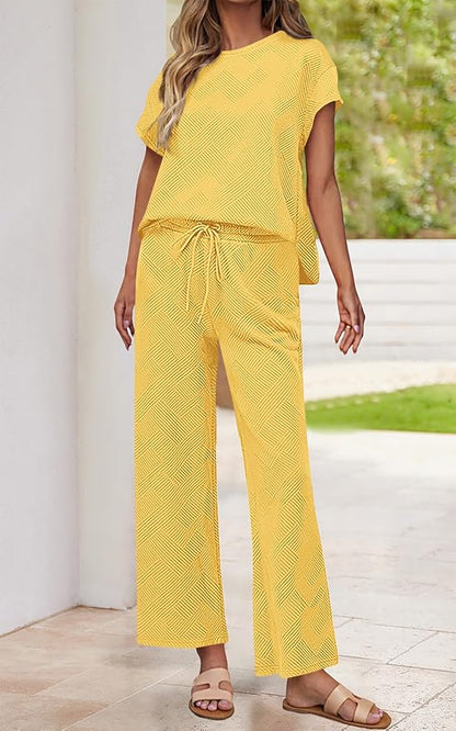 PRETTYGARDEN 2 Piece Outfits For Women Casual Tracksuit Short Sleeve Tops And Wide Leg Long Pants Matching Lounge Sets