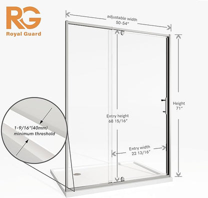 50-54" W x 71" H Pivot Swing Glass Shower Door, Pivot Frame Shower Door