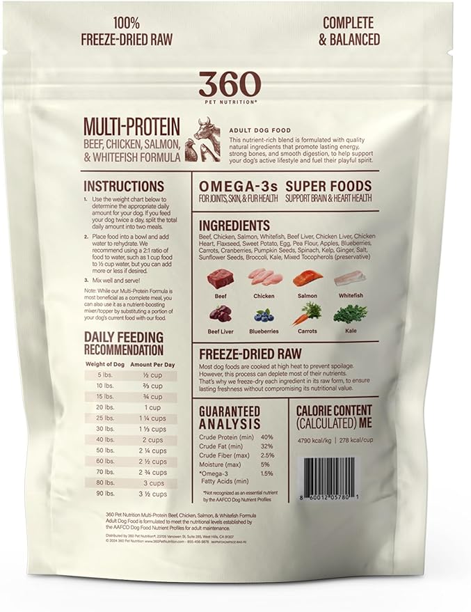 360 Pet Nutrition Freeze-Dried Raw Dog Food – Multi-Protein with Beef, Chicken, Fish, Liver & Organs, High Protein, Omega-3s, Fruits, Veggies & Superfoods, Grain-Free, No Fillers, 5 oz – Made in USA