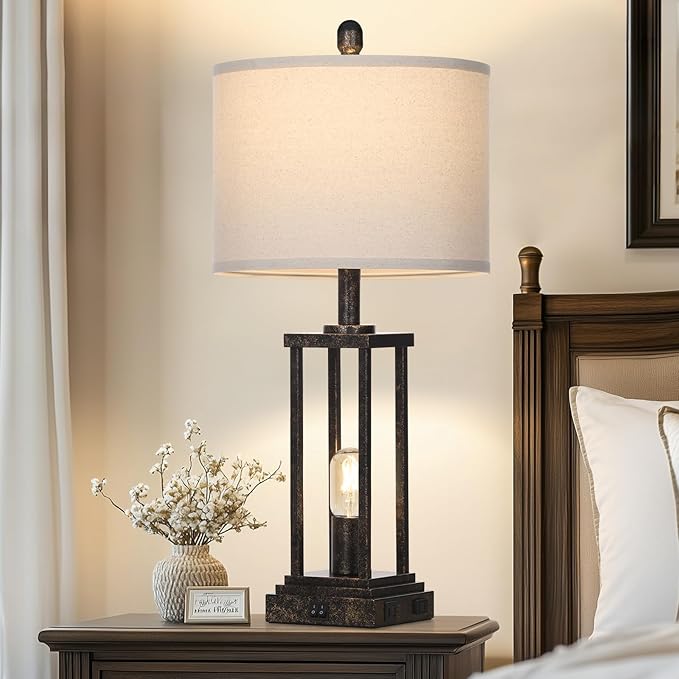 27" Tall Farmhouse Table Lamps with Night Light, Bronze Industrial End Table Lamp for Living Room, Rustic Bedside Lamps Set Of 2 with USB C+A Ports & AC Outlet, Vintage Bedroom Lamp for Nightstand