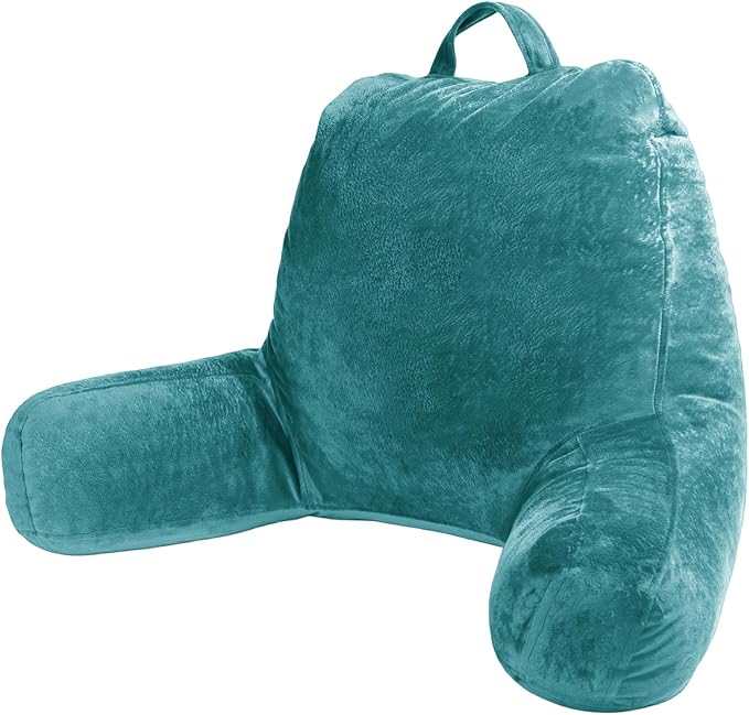 Sasttie Reading Pillow, Velvet Back Pillow for Bed Sitting Up, Adult Back-Rest Support Cushion with Arms for Sit Up on Couch, Sofa, and Floor, Dorm Essentials, Reading Accessories, Teal Blue