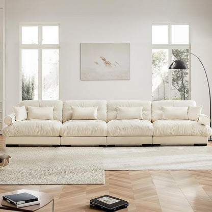 166" Oversized Couch, 4 Seater Modular Sectional Sofa, Beige White Large Sectional Couches for Living Room, Fluffy Couch Set, 4 Seater Velvet Cloud Couches with 6 Pillows, Deep Seat for Living Room