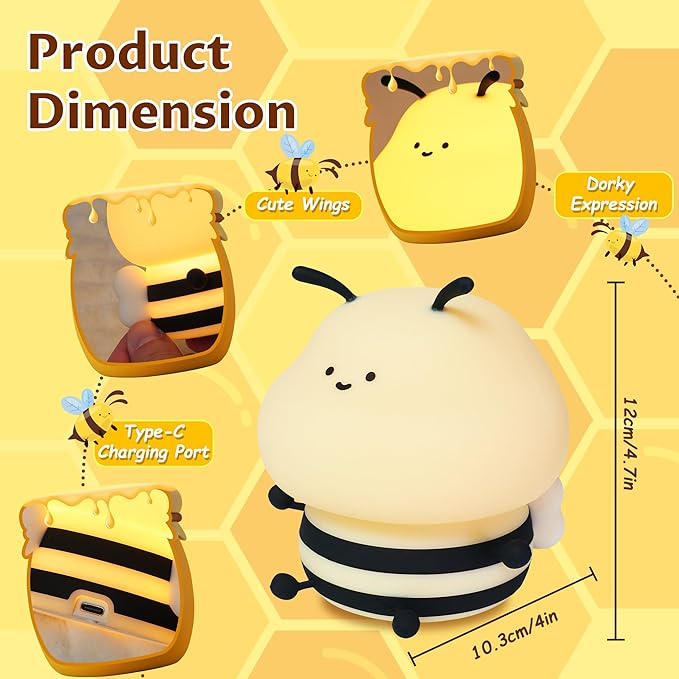 YuanDian Cute Bee Night Light for Kids, Nursery Night Lamp Kawaii Animal Bedside Nightlight with 7 Colors 3 Levels Dimmable Tap Control Rechargeable Nightlights