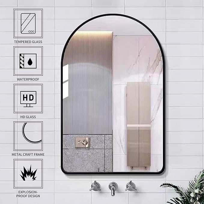 26x38 inch Black Tempered Glass Large Arched Mirror