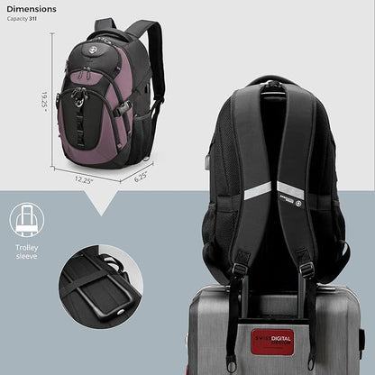 Swissdigital Design Laptop Backpack with USB Charging Port, Travel Backpack Fits 15.6 inches Computer, 31L College School Backpack for Women, Light Purple/Black | SD803-85
