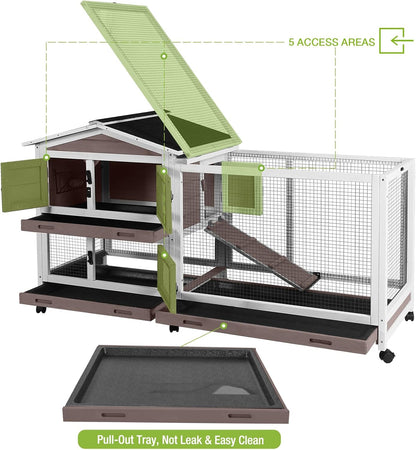 Outdoor Rabbit Hutch Indoor Bunny on Wheels Large Guinea Pig Cage with Run for Any Small Animals,Removable Pull Out Tray White