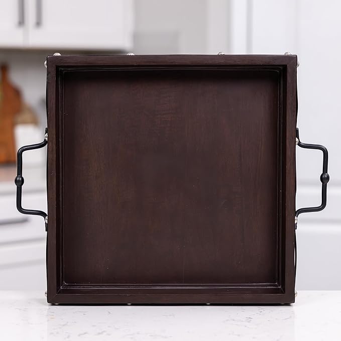16"x16" Large Square Ottoman Tray, Heavy Duty Mango Wood, for Serving Tea, Breakfast in Bed, Living Room Large Coffee Table Tray Rustic with Farmhouse Style, Decorative Handles and Accent Strap