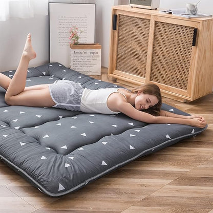 Grey Triangle Japanese Floor Futon Mattress, Tatami Mat Portable Camping Mat Kids Sleeping Pad Foldable Roll Up Floor Lounger Pillow Bed Twin Size with Mattress Protector Cover