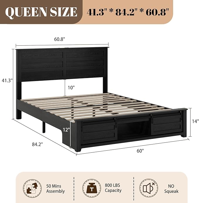 Wooden Queen Size Bed Frame with Headboard, Classic Black Farmhouse Storage Bedframe with Sliding Barn Door Footboard and Charging Station, Wood Slats, No Box Spring Needed