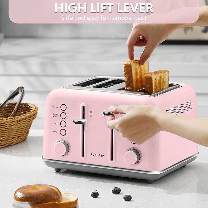 BUYDEEM DT640 4-Slice Toaster, Extra Wide Slots, Retro Stainless Steel