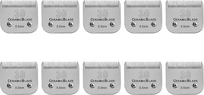 10 Pack Detachable Pet Dog Clipper Blades, Compatible with Andis Size 30 Cut Length 1/50"(0.5mm),Most Oster A5,Wahl KM10 Series Clippers,Made of Ceramic Blade & Stainless Steel Blade