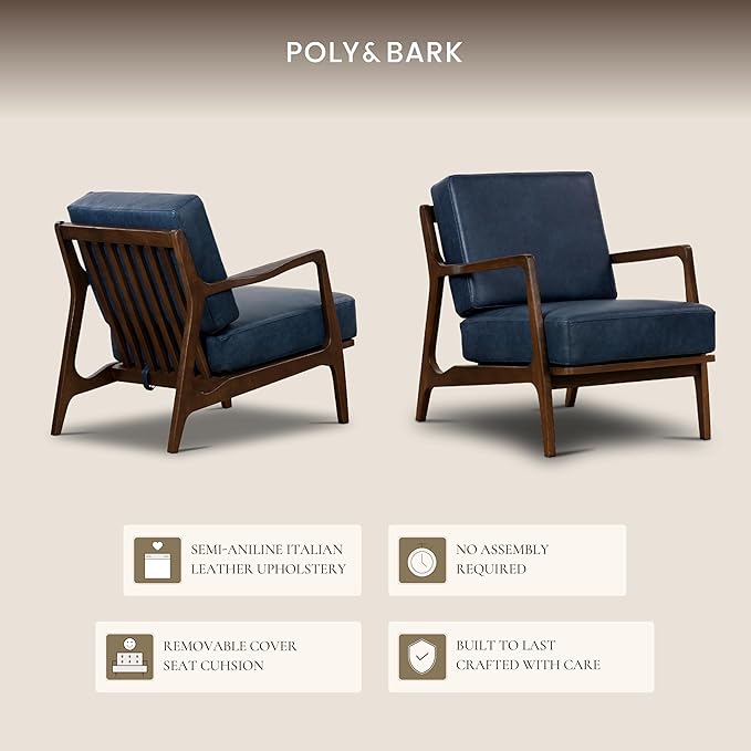 Poly & BARK Verity Leather Accent Chair – Armchair with Walnut Wood Frame – Fashion-Forward Lounge Seating for Living Room – Upholstered in Midnight Blue Leather for Modern Style