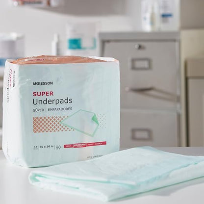 McKesson Super Underpads, Moderate Absorbency, 30 x 36 in, 10 ct | Disposable Chux Pads for Adults, Elderly, and Baby, Pee Pads, Adult Incontinence Bed Pads