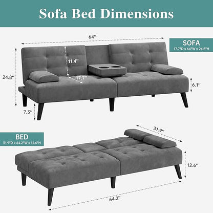 Meilocar Small Futon Sofa Bed Couch, Modern Convertible Sofa Couch, 64 in Recliner Sofa Bed for Living Room, Office, 2 Armrest Pillows, 2 Cup Holders, Dark Grey