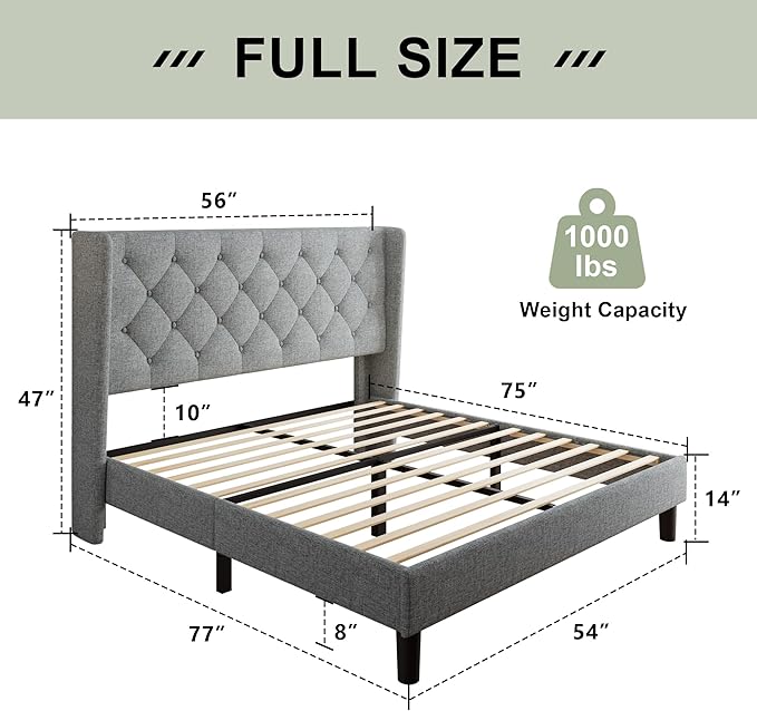Feonase Full Size Bed Frame with Upholstered Wingback Headboard, Platform Bed and Heavy Duty Wooden Slats Support, Easy Assembly, Noise-Free, No Box Spring Needed, Light Gray
