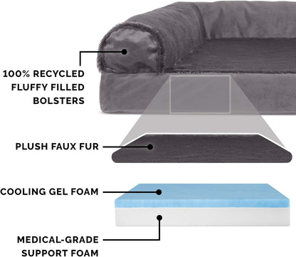 Furhaven Cooling Gel Dog Bed for Medium/Small Dogs w/ Removable Bolsters & Washable Cover, For Dogs Up to 35 lbs - Plush & Velvet L Shaped Chaise - Platinum Gray, Medium
