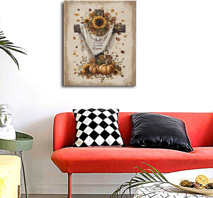 Christian Fall Wall Art Autumn Rustic Cross Sunflower Pumpkin Wall Decor Fall for Jesus He Never Leaves Pictures Painting Print Framed Artwork Decorations Gifts for Living Room Bedroom Prayer Room Office 20"x24"