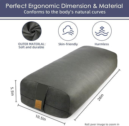 Yoga Bolster Pillow 26x10.5x5.5in Rectangular Meditation Cushion for Massage and Back Support, Breathable Cotton Fill, Zippered Organic Cotton Cover, Easy-Carry Handle, Machine Washable (Purple)