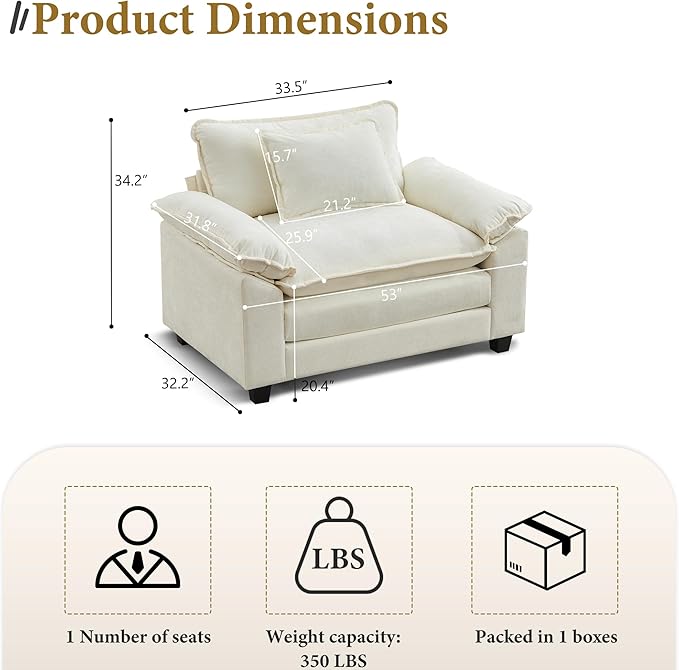 URRED Modular Sectional Sofa Comfy Cloud Couch, Modern Chenille Sofa Sleeper Deep Seat Couches with Ottoman/Pillows for Living Room (White, 53'')