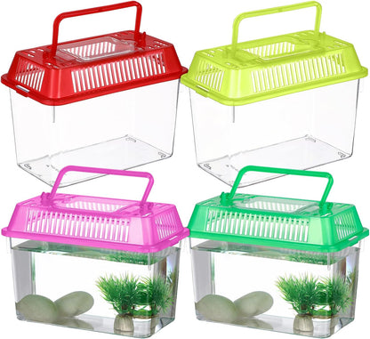 NOLITOY 4pcs Mini Fish Tank, Plastic Fish Box Breeding Case with Handle Desktop Reptile Carrier Portable Aquarium for Shrimp Turtle Shrimp Goldfish (Random Color)