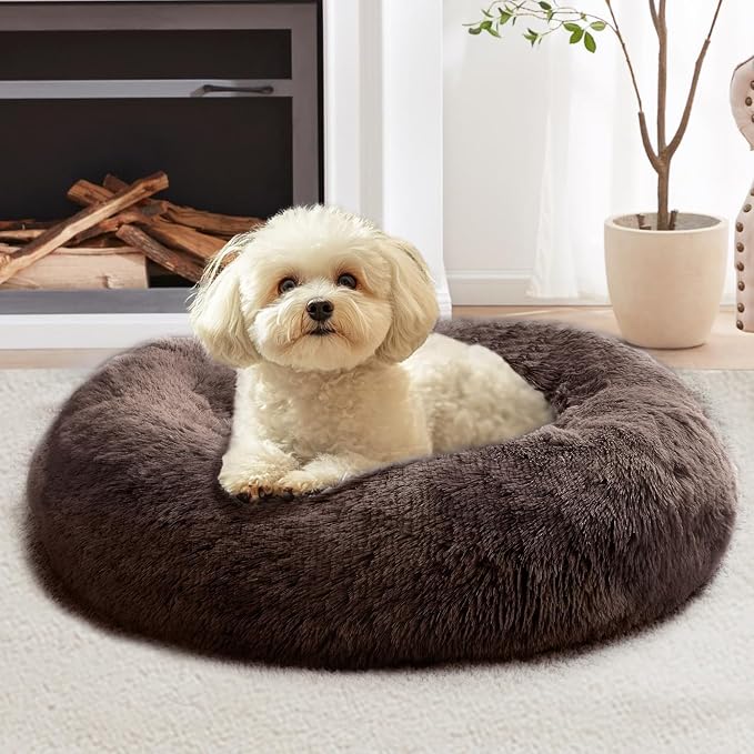 JOLLYVOGUE Calming Dog Bed for Small Dogs - 23 inches Donut Washable Small Dog Bed for Kittens & Puppies, Anti-Slip Round Fluffy Plush Faux Fur Cat Beds (Fits up to 25 lbs Pets)