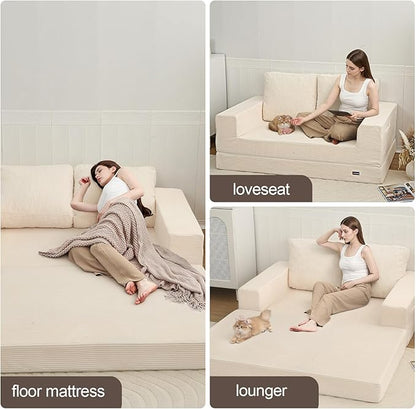 COMAX Convertible Sofa Bed Queen, Folding Fold Out Couch Bed, Floor Futon Couch Corduroy Sleeper Mattress with Back Pillows, Boneless Sofa Comfy Lounge Loveseat for Living Room Bedroom, Beige