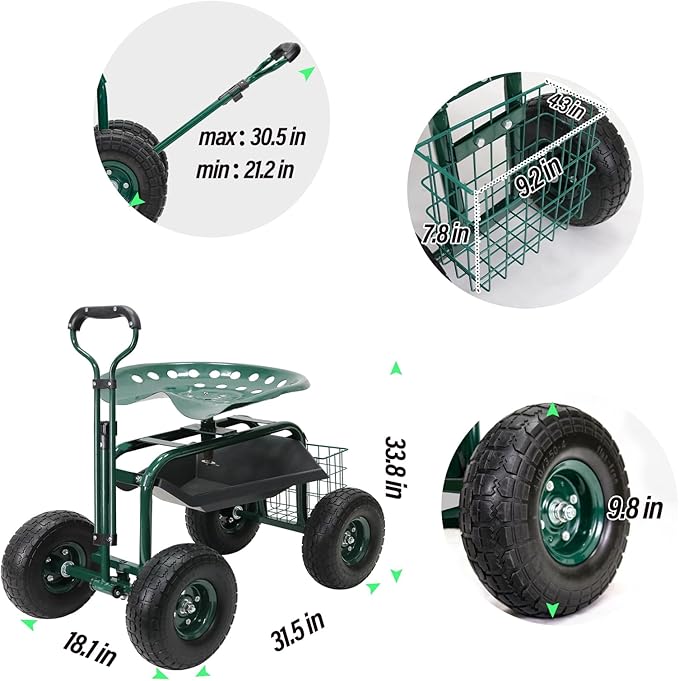 BESTHLS Garden Cart with Seat on Wheels Rolling Gardening Stool with Wheels Heavy Duty for Planting with 360 Degree Swivel Seat Steering Handle & Utility Tool Tray