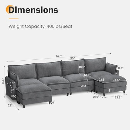 Apicizon 143" Cloud Couch Sectional, 4-Seat Deep Sofa Couch with Ottoman, Modern U Shape Sectional Cloud Sofa Corduroy for Living Room, Apartment, Office, Grey