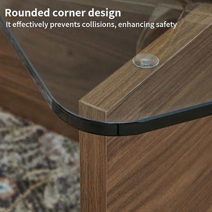 LKTART 31.5" Glass Coffee Table, MDF Mid-Century Modern Square Coffee Table with Tempered Glass Top, Square Center Tables for Small Space Living Room Office Apartment, Walnut