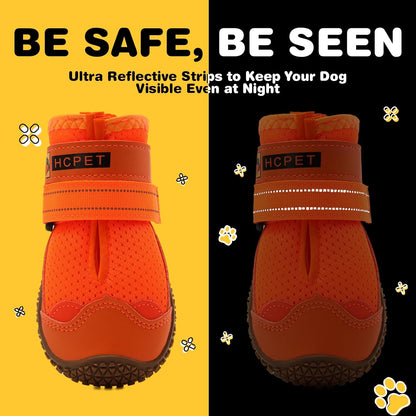 Hcpet Dog Shoes for Large Dogs, Breathable Dog Booties for Small Medium Dogs, Anti-Slip Dog Boots & Paw Protectors for Hot Pavement Winter Snow Hiking with Reflective Straps Orange Size 4
