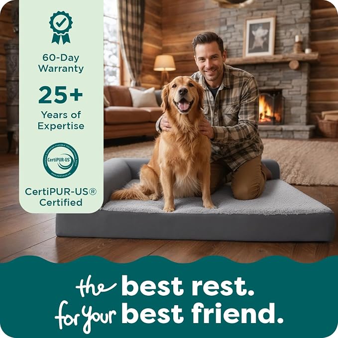 Furhaven Orthopedic Dog Bed for Large Dogs w/ Removable Bolsters & Washable Cover, For Dogs Up to 95 lbs - Two-Tone Plush Faux Fur & Suede L Shaped Chaise - Stone Gray, Jumbo/XL