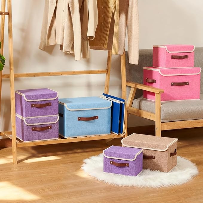 Storage Boxes with Lid Cotton Linen Fabric Storage Bins Organizer Container Decorative Collapsible Washable Shelf Baskets Faux Leather Handles for Home Bedroom Closet (Linen, Small)