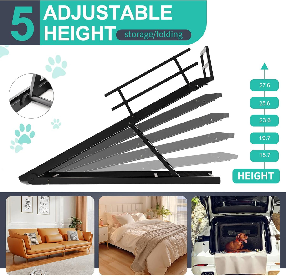 Dog Ramp, 5 Level Adjustable Height Folding Pet Ramp for High Bed, Portable Paw Ramps Large Bed Ramp for Medium & Large Old Dogs & Cats - Natural Wood Furniture Quality