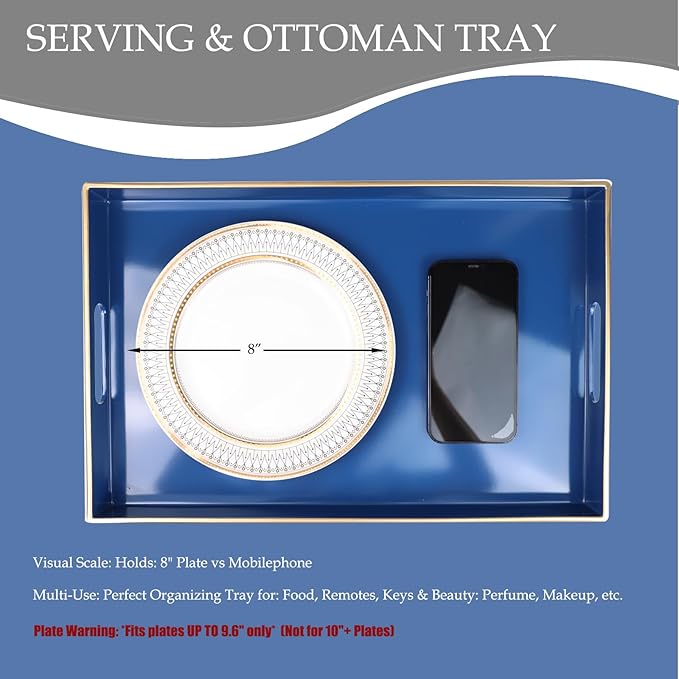 Spsyrine Blue Decorative Serving Tray with Handles, Elegant Plastic Coffee Table Tray for Ottoman, Living Room, Home Decor 15.6" X 10.2"