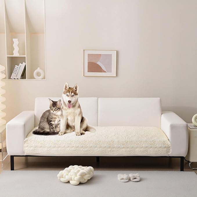 HANDONTIME Cotton Couch Cover for Dogs Breathable & Pet-Friendly Sofa Cover, Embroidery Dog Couch Cover Elegant Floral Quilted Slipcover, Non-Slip Washable Furniture Protector (Ivory, 35.4" x 94.5")
