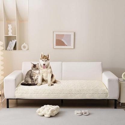 HANDONTIME Cotton Couch Cover for Dogs Breathable & Pet-Friendly Sofa Cover, Embroidery Dog Couch Cover Elegant Floral Quilted Slipcover, Non-Slip Washable Furniture Protector (Ivory, 35.4" x 94.5")