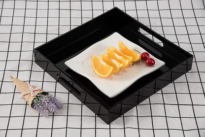 Glossy Black Sturdy Acrylic Serving Tray with Handles - 12x12 Inch Multipurpose Tray for Coffee, Appetizers, Breakfast, and More